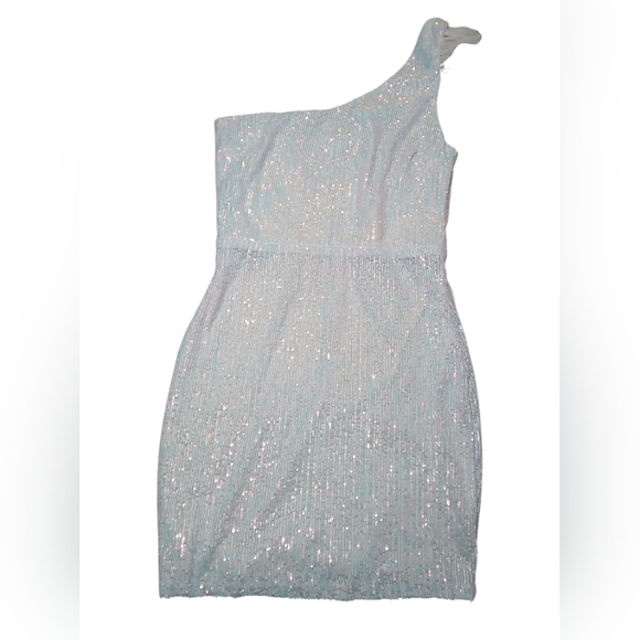 White Sequined One Shoulder Feather Detail Dress Size Large - Picture 1 of 6